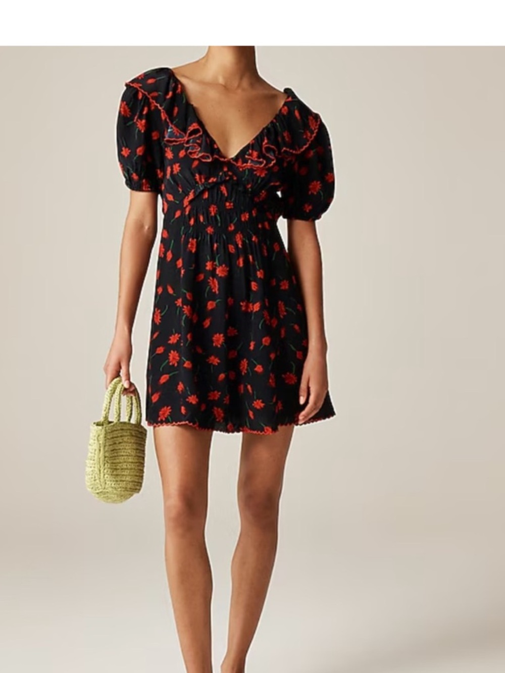 J. Crew Black Mini Dress with Red Floral Details